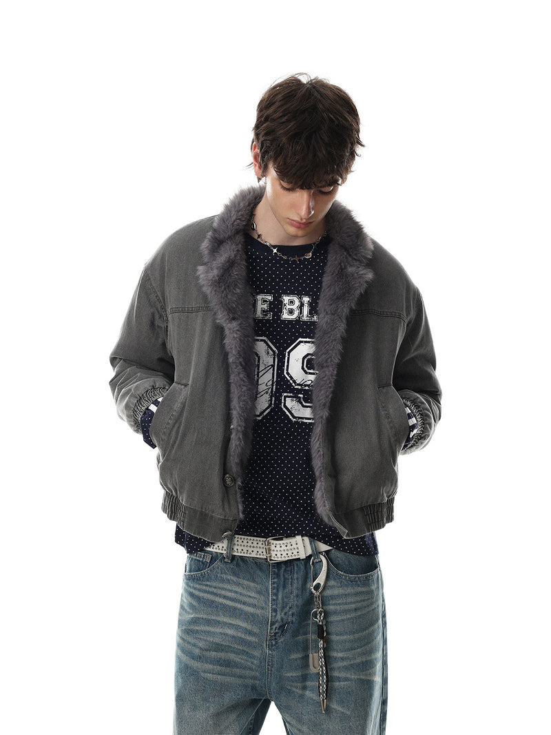 Washed Grey Denim Bomber Jacket with Faux Fur Collar Lining