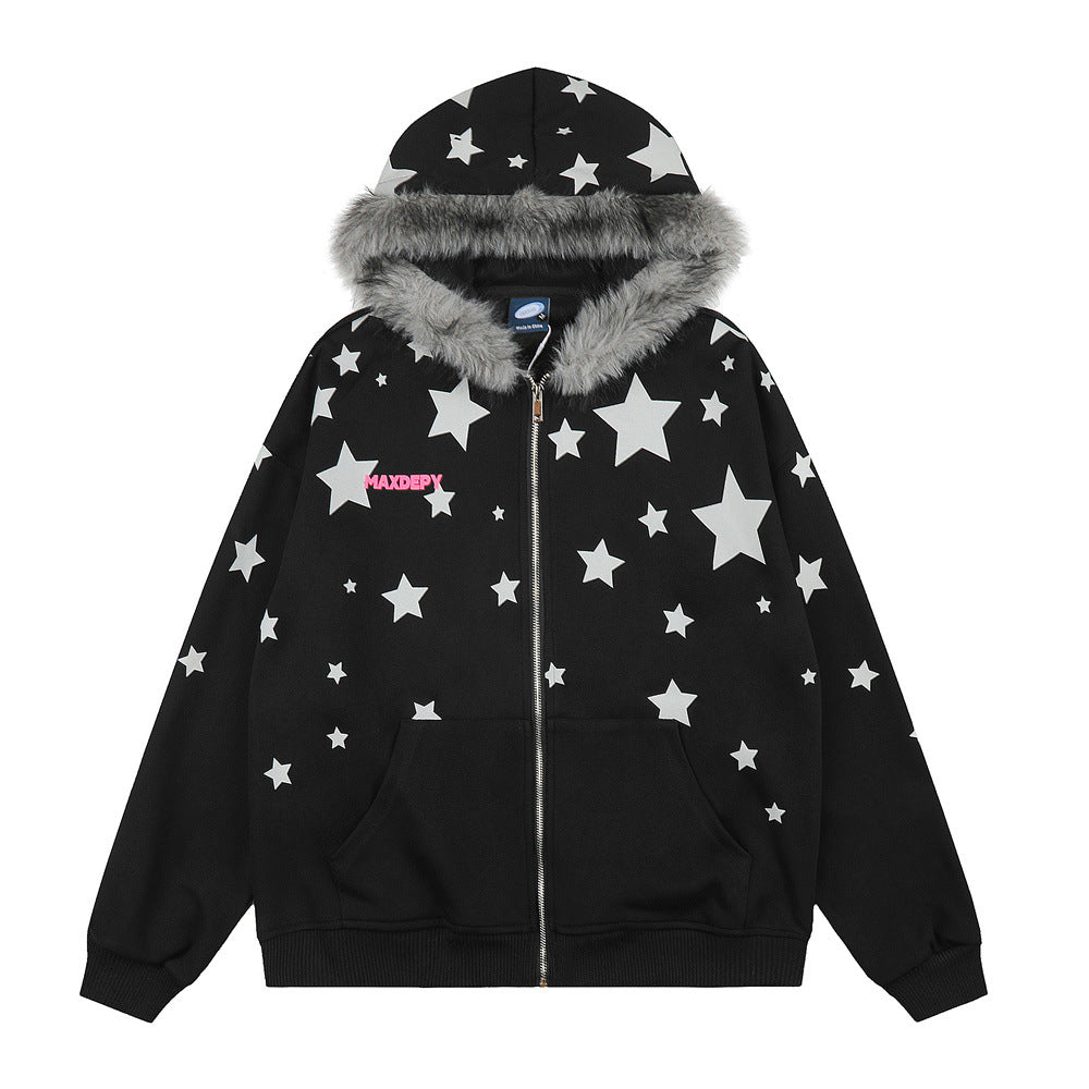 Oversized Zip-Hoodie mit Allover-Sternenprint und grauem Kunstfellbesatz an der Kapuze in Schwarz, Vorderansicht