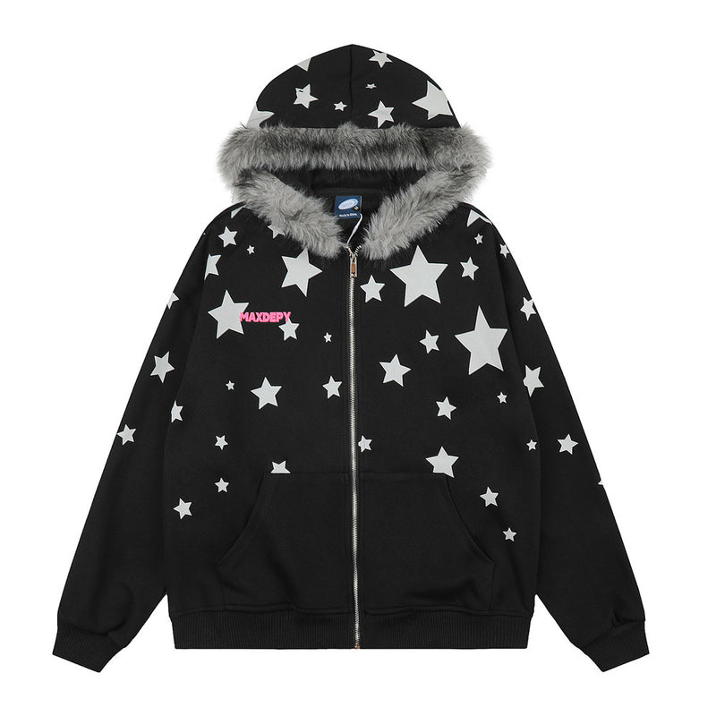 Oversized Zip-Hoodie mit Allover-Sternenprint und grauem Kunstfellbesatz an der Kapuze in Schwarz, Vorderansicht