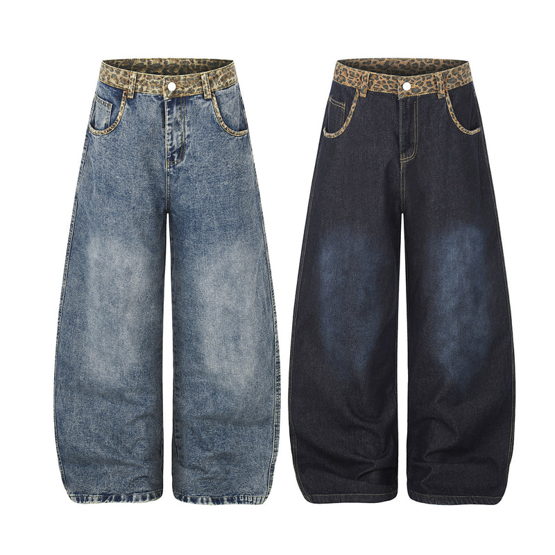 Vaqueros baggy de pierna ancha con cinturilla de leopardo – Corte recto tipo barril