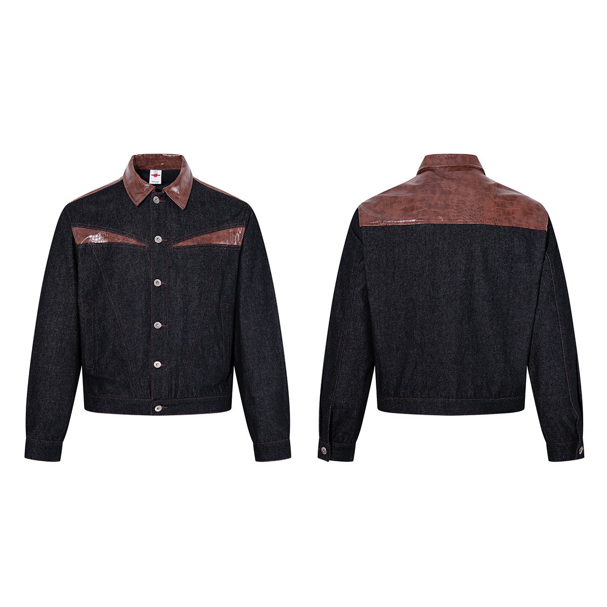 Boxy Raw Denim Jacket with Crocodile-Embossed Leather Panels