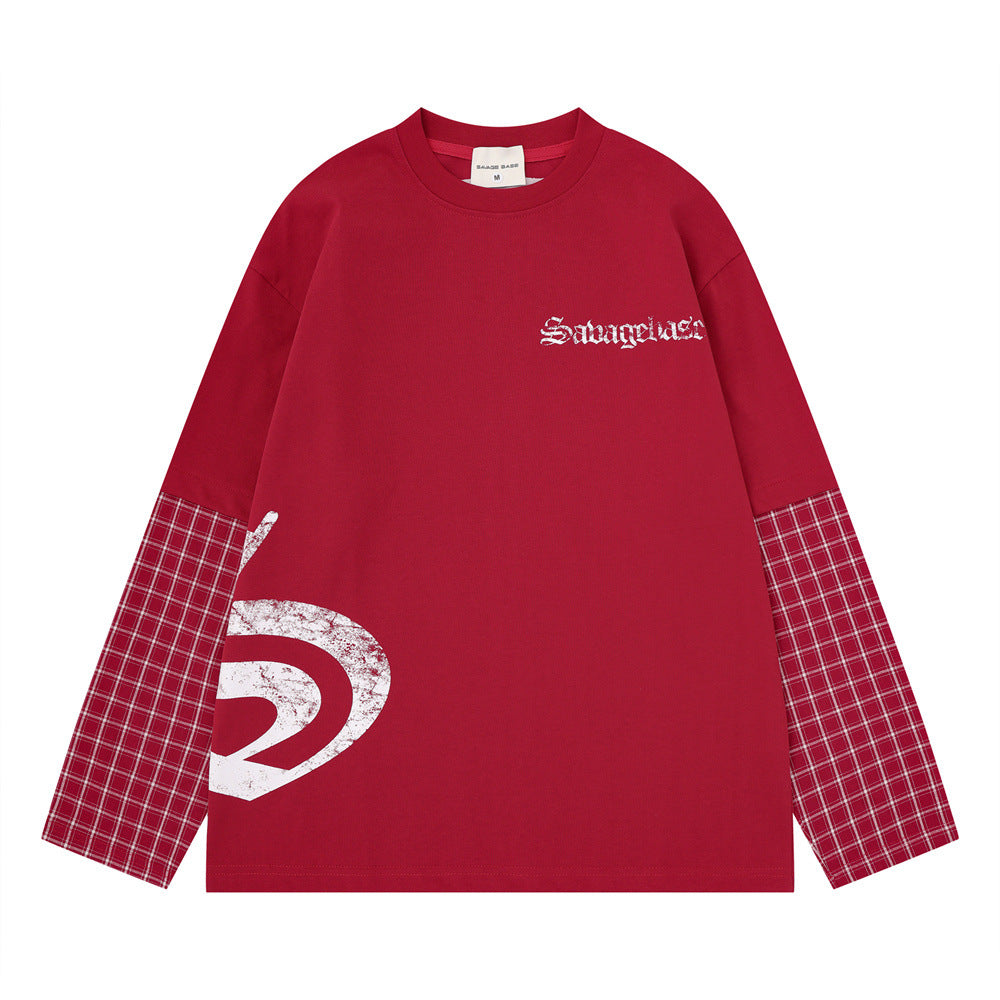 Savage Base Fake-Zweiteiler mit karierten Patchwork-Ärmeln – Oversized-Langarmshirt für Herren