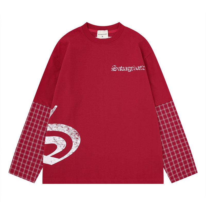 Savage Base Fake-Zweiteiler mit karierten Patchwork-Ärmeln – Oversized-Langarmshirt für Herren