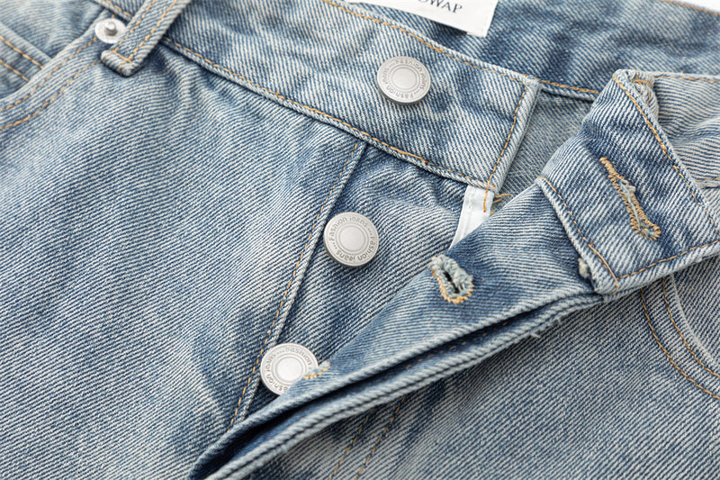 Wide-Leg Distressed Jeans – American Vintage Washed Denim, Relaxed Straight Fit