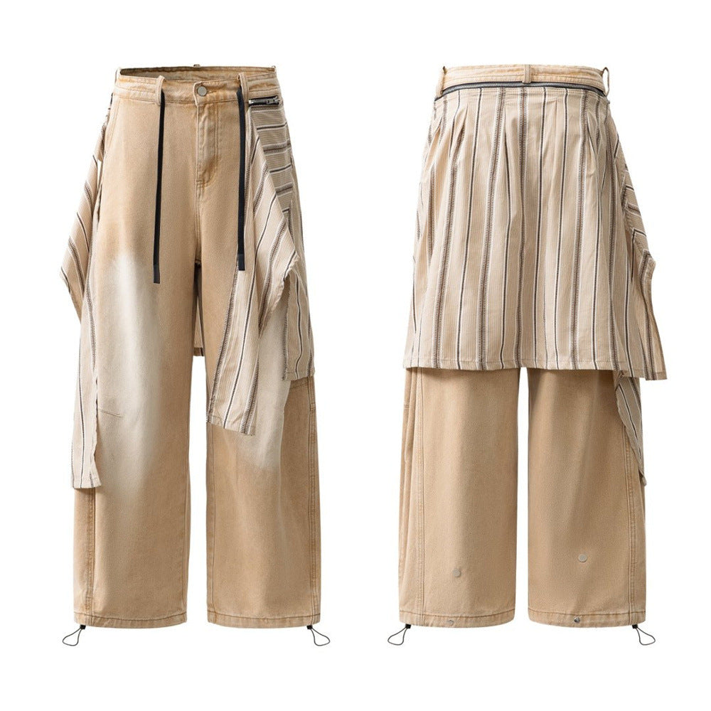 Wide-Leg Baggy Jeans with Detachable Plaid Skirt Overlay — Men's Punk Street