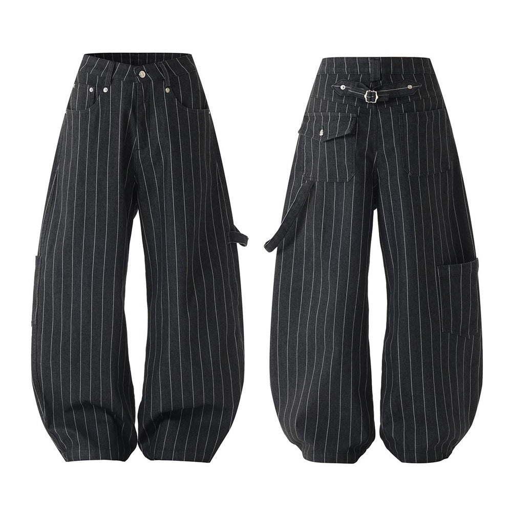 Men's oversized wide-leg black pinstripe cargo pants with patch pockets and buckle waistband detail, front and back view