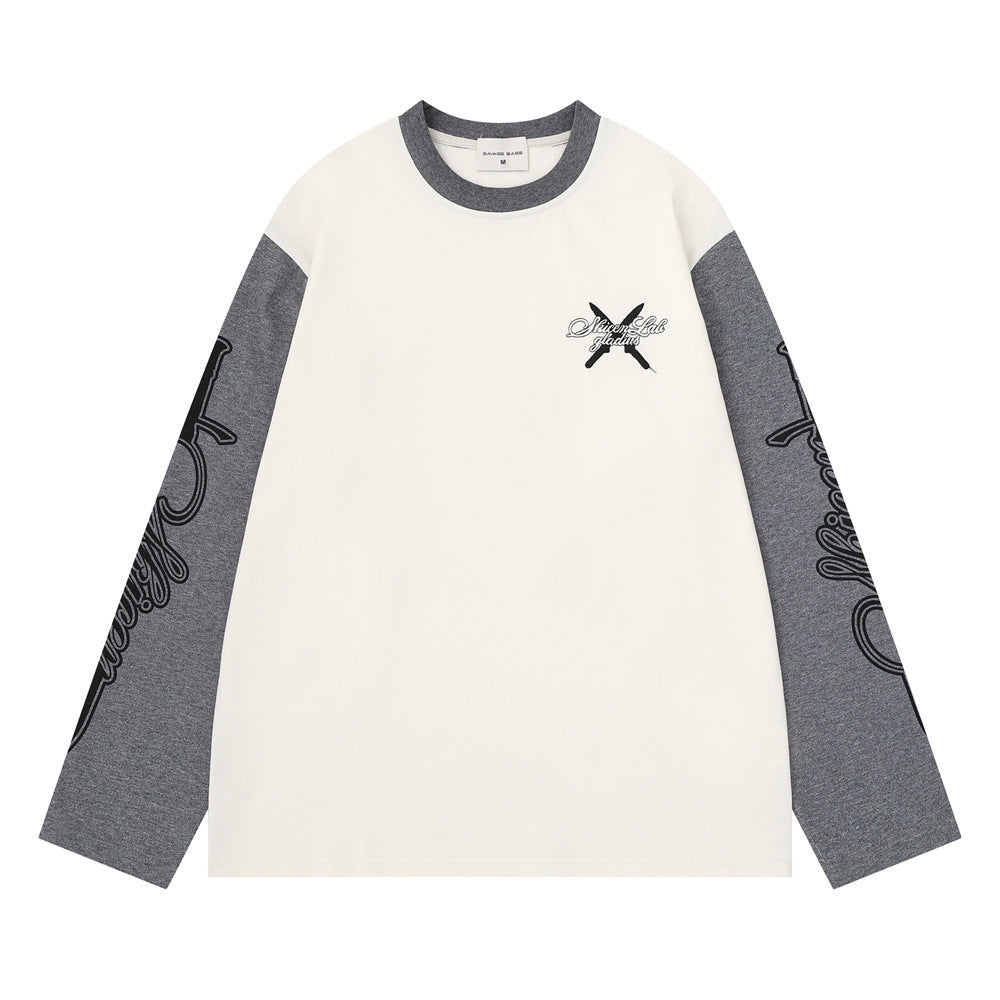 Camiseta de manga larga para hombre con bloques de color y bordado de texto – Corte relajado