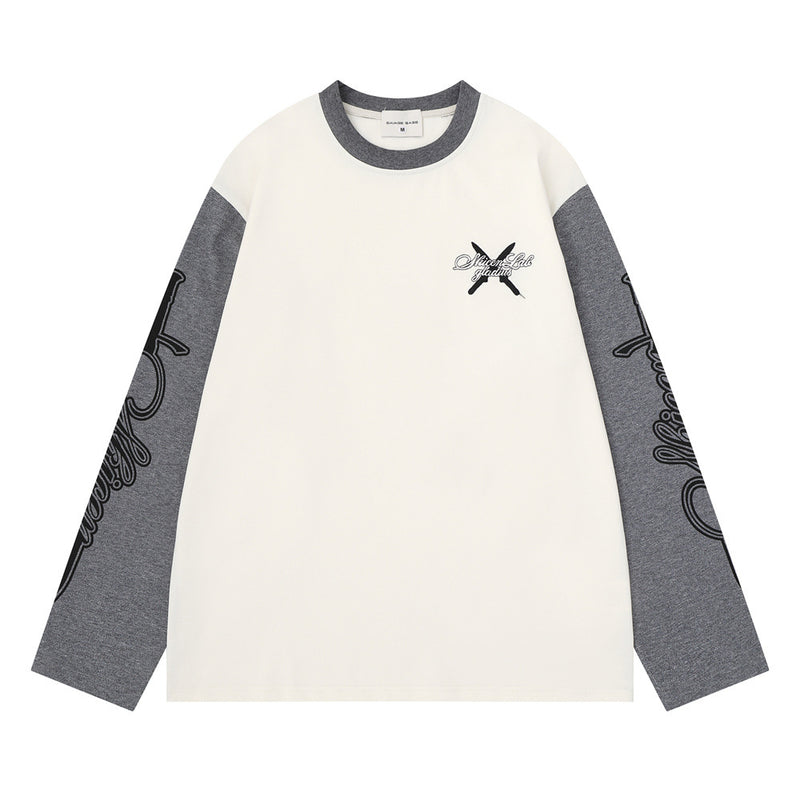 Camiseta de manga larga para hombre con bloques de color y bordado de texto – Corte relajado