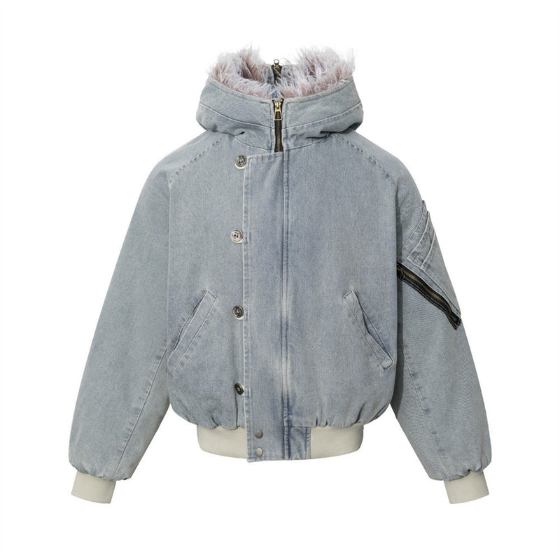 Washed Denim Hooded Bomber Jacket with Faux Fur Collar – Padded Winter Coat