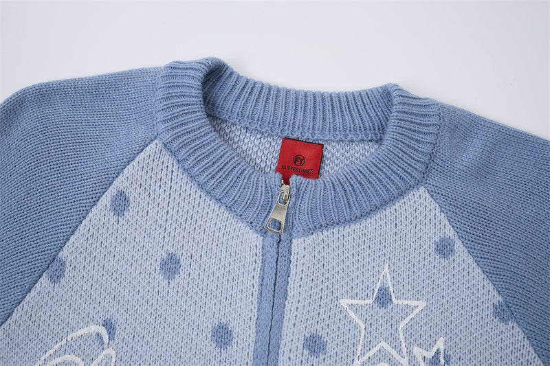 Colorblock Raglan Zip-Up Knit Cardigan – Polka Dot Star Graphic Sweater