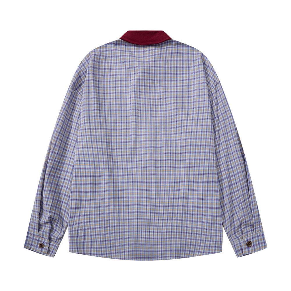 Plaid Long-Sleeve Shirt with Varsity Graphic Print and Contrast Collar
