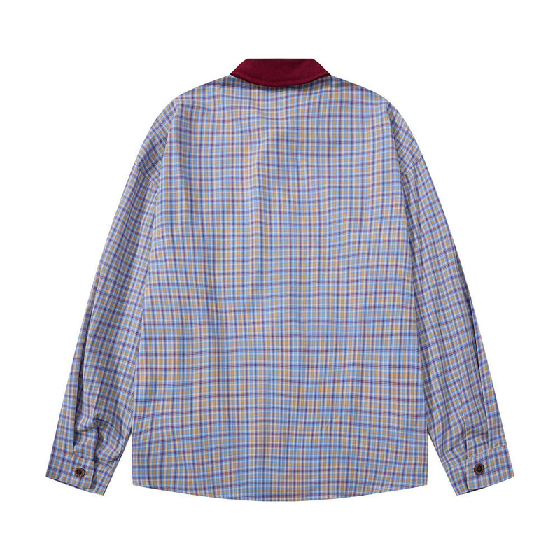 Plaid Long-Sleeve Shirt with Varsity Graphic Print and Contrast Collar