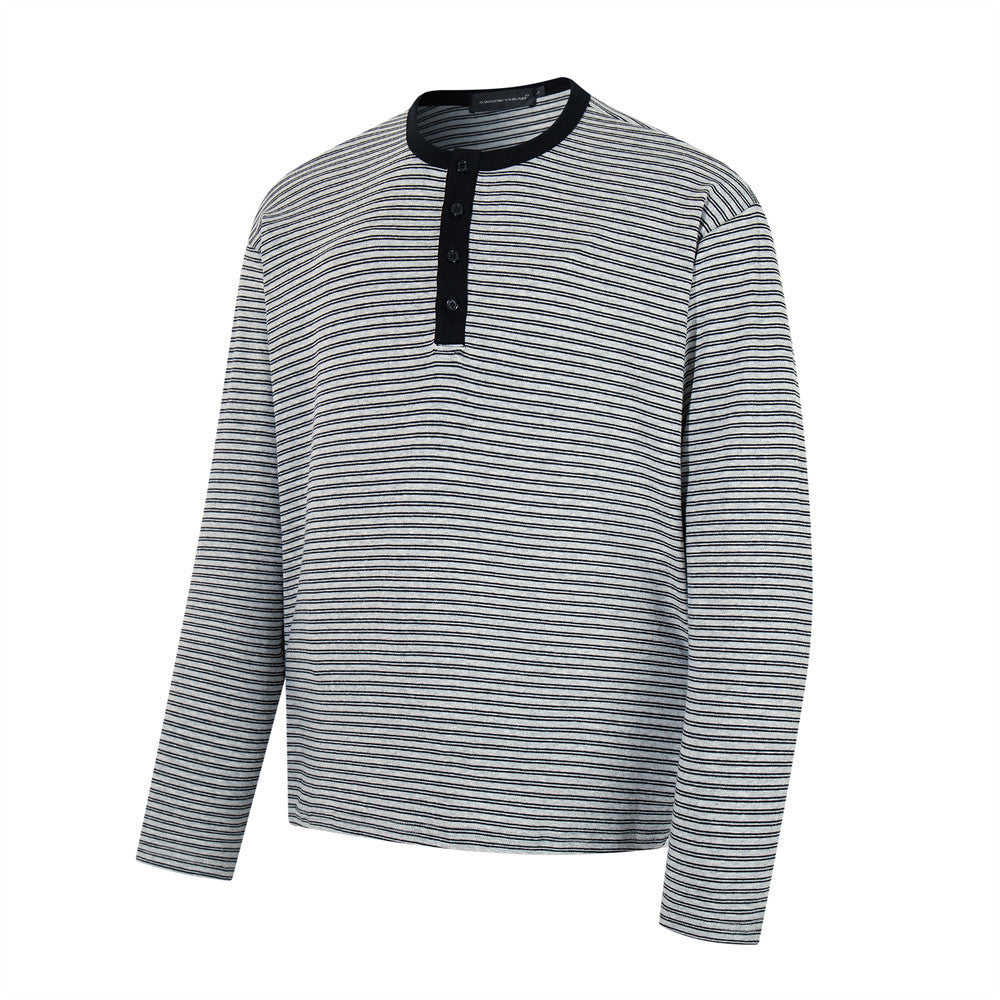 Men's Striped Henley Long-Sleeve Shirt – Relaxed Fit Button-Placket Top
