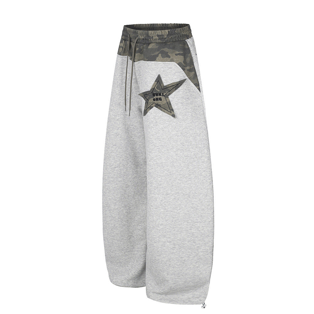Wide-Leg Sweatpants with Camo Waistband & Star Patch – Men's Oversized