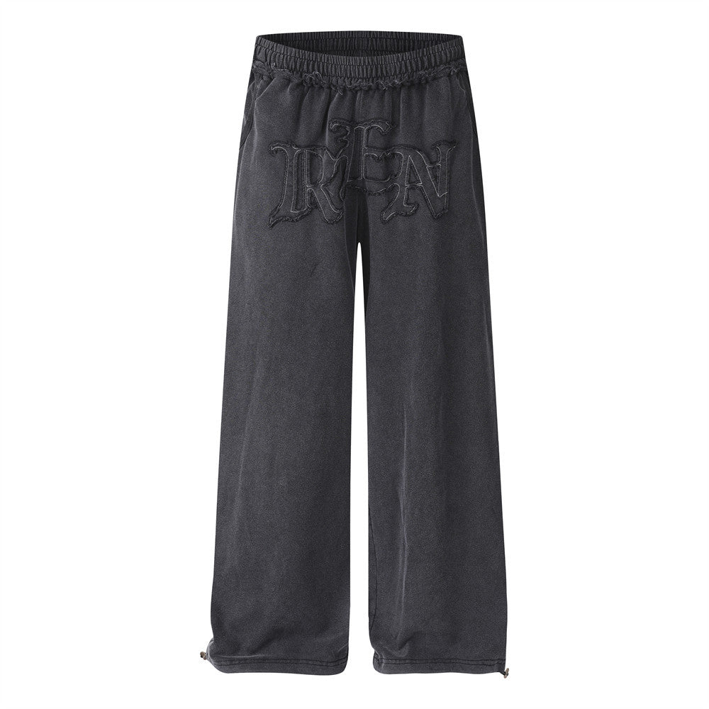 Pantalon de survêtement à jambes larges avec appliqué de lettres gothiques – Streetwear vintage délavé à l’acide