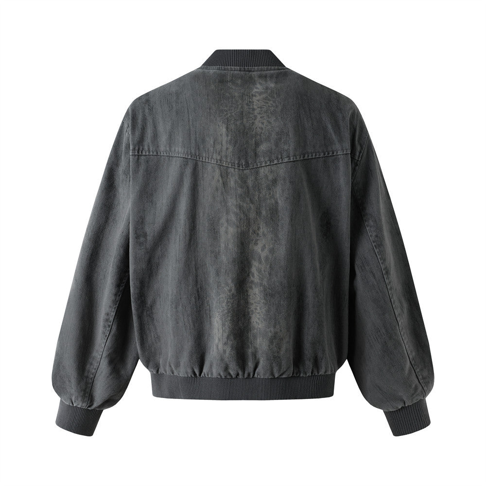 Bomber délavé et usé – Patchwork déconstruit à bords effilochés, coupe oversize