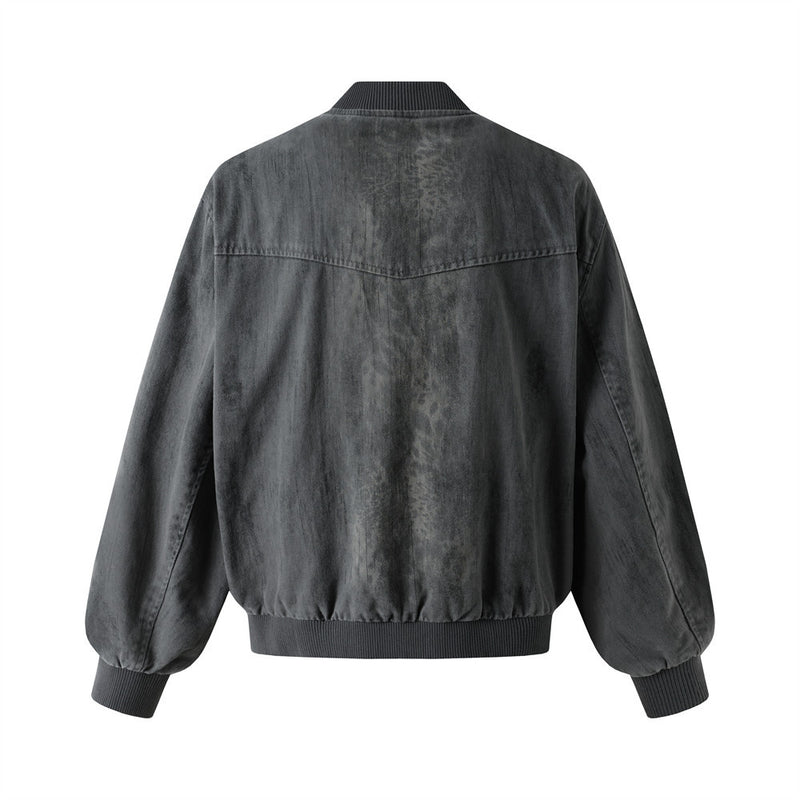 Bomber délavé et usé – Patchwork déconstruit à bords effilochés, coupe oversize