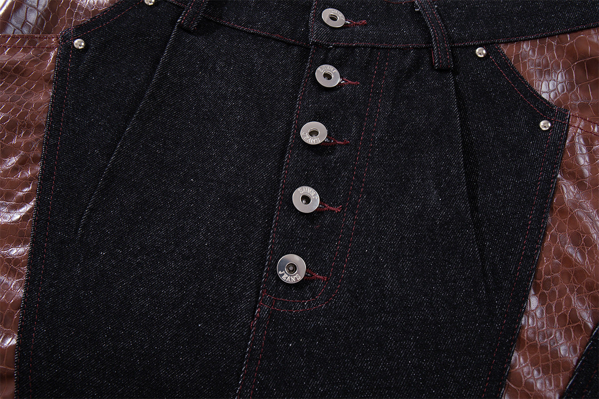 Baggy Wide-Leg Jeans with Croc-Leather Patchwork & Studded Detail — Black Denim