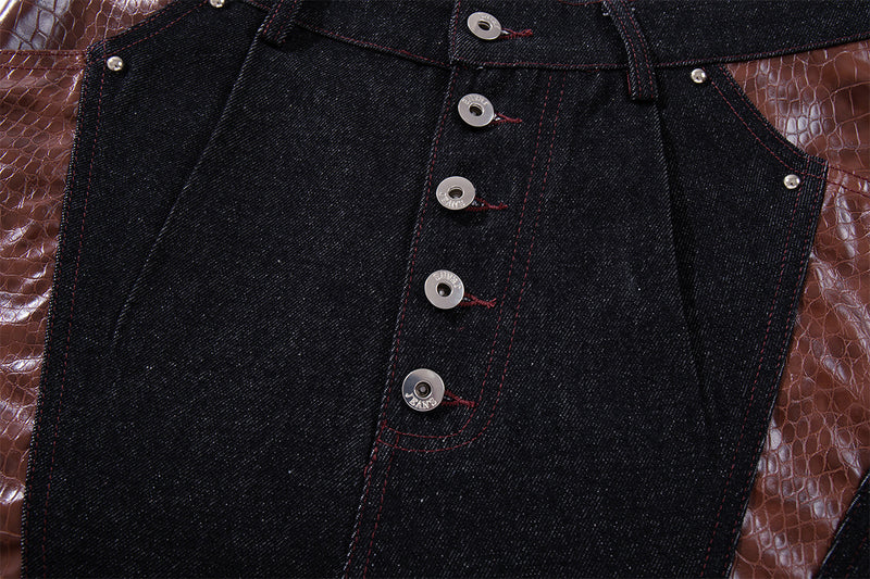 Baggy Wide-Leg Jeans with Croc-Leather Patchwork & Studded Detail — Black Denim