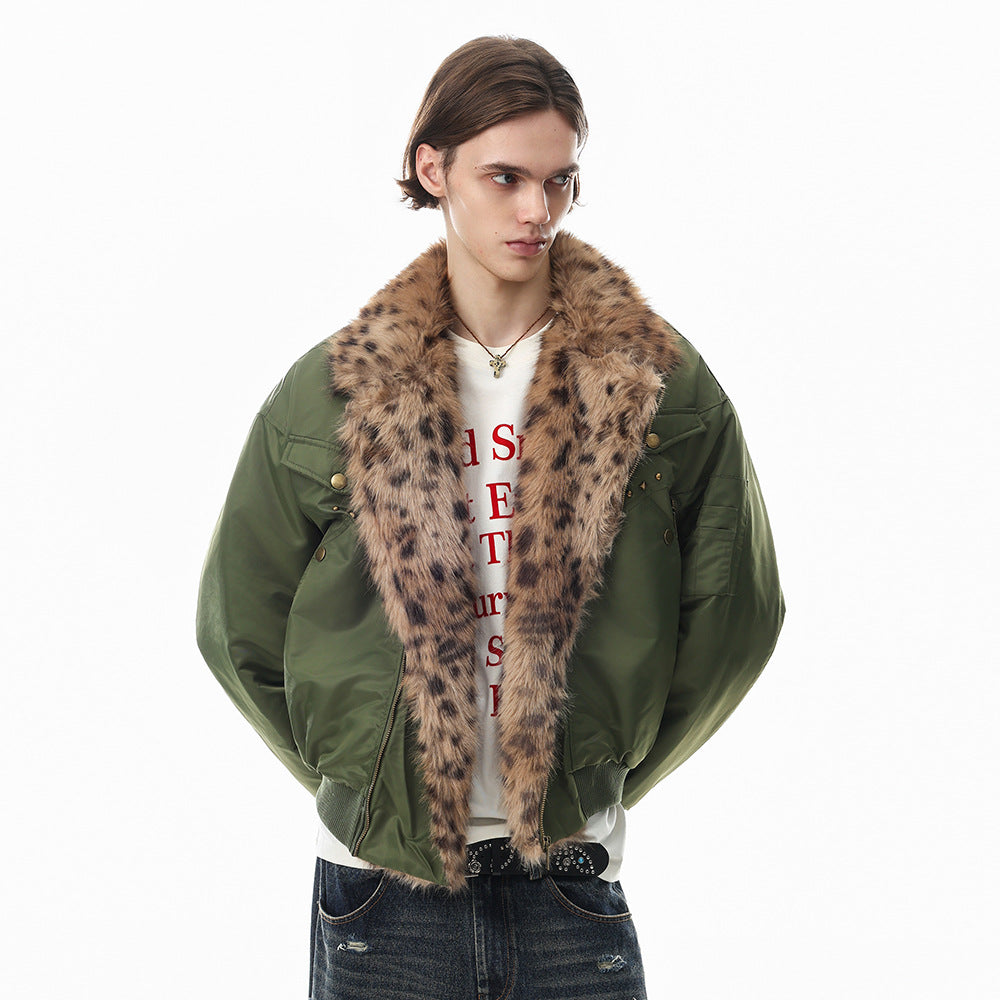 Men's Army Green Bomber Jacket with Leopard Faux Fur Collar & Rivet Detail