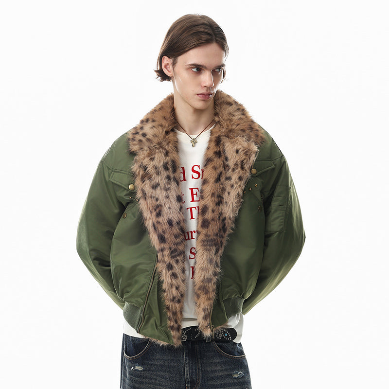 Men's Army Green Bomber Jacket with Leopard Faux Fur Collar & Rivet Detail