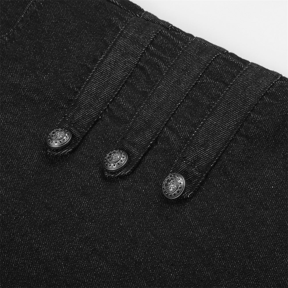 Close-up of black side button loops and pleated denim waist detail