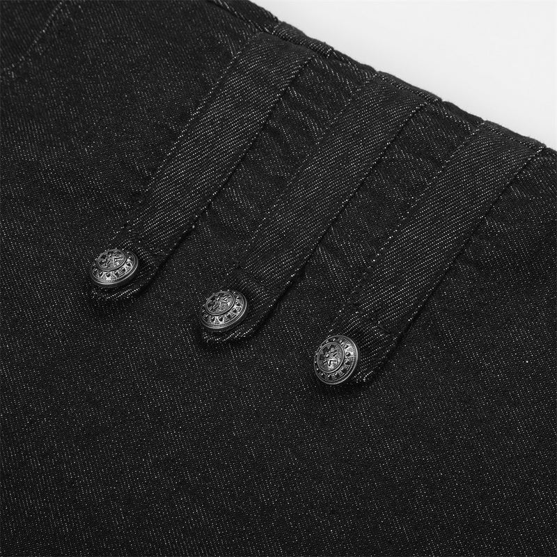 Close-up of black side button loops and pleated denim waist detail