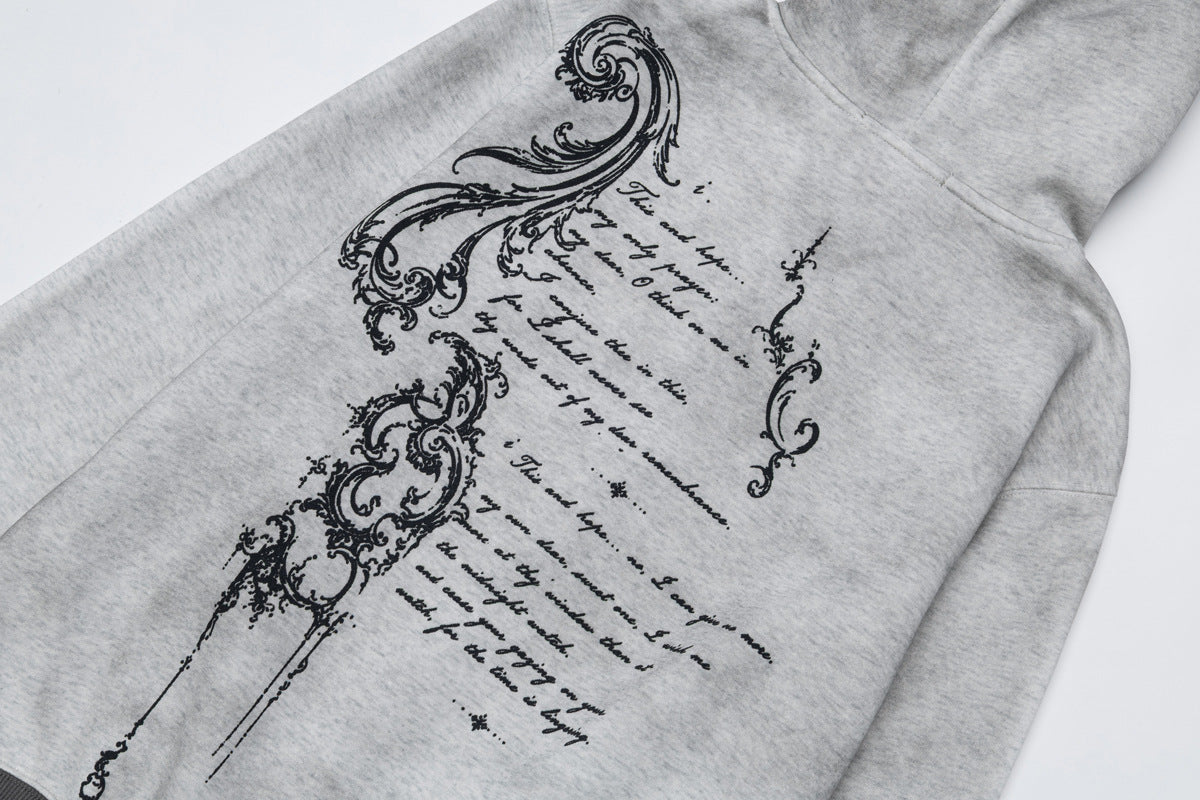 Hoodie mit Gothic-Schriftzug und Reißverschluss – Gewaschener Vintage-Dark-Style