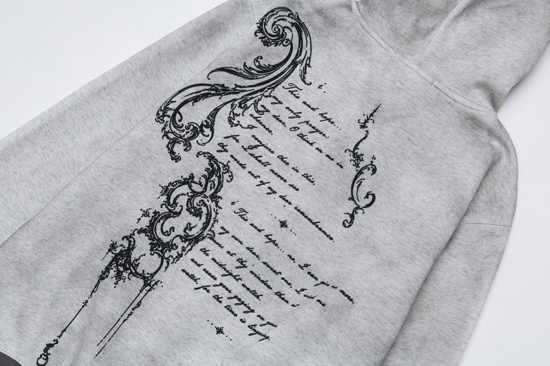 Hoodie mit Gothic-Schriftzug und Reißverschluss – Gewaschener Vintage-Dark-Style