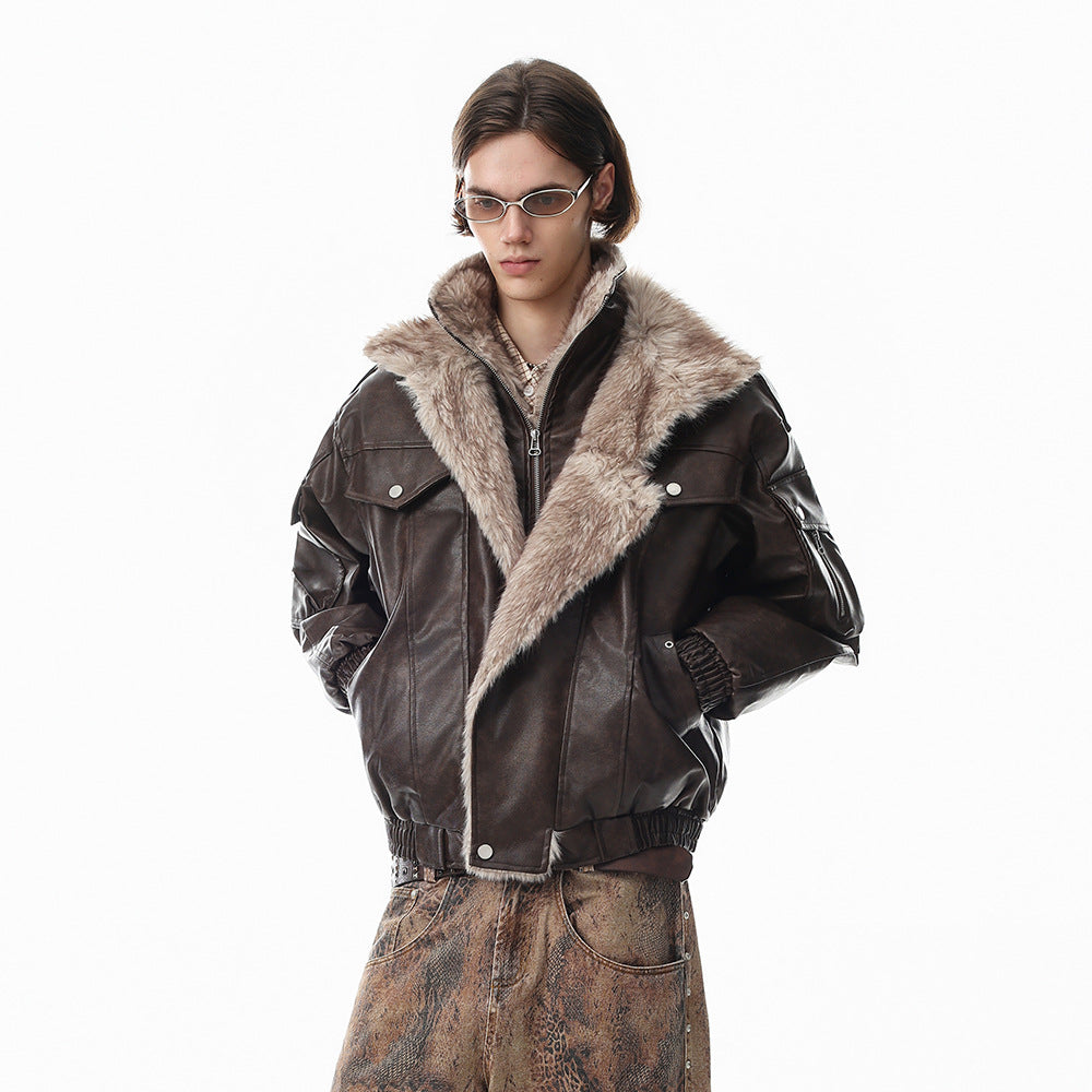 Men's Faux Leather Fur-Lined Bomber Jacket with High Collar & Asymmetric Placket