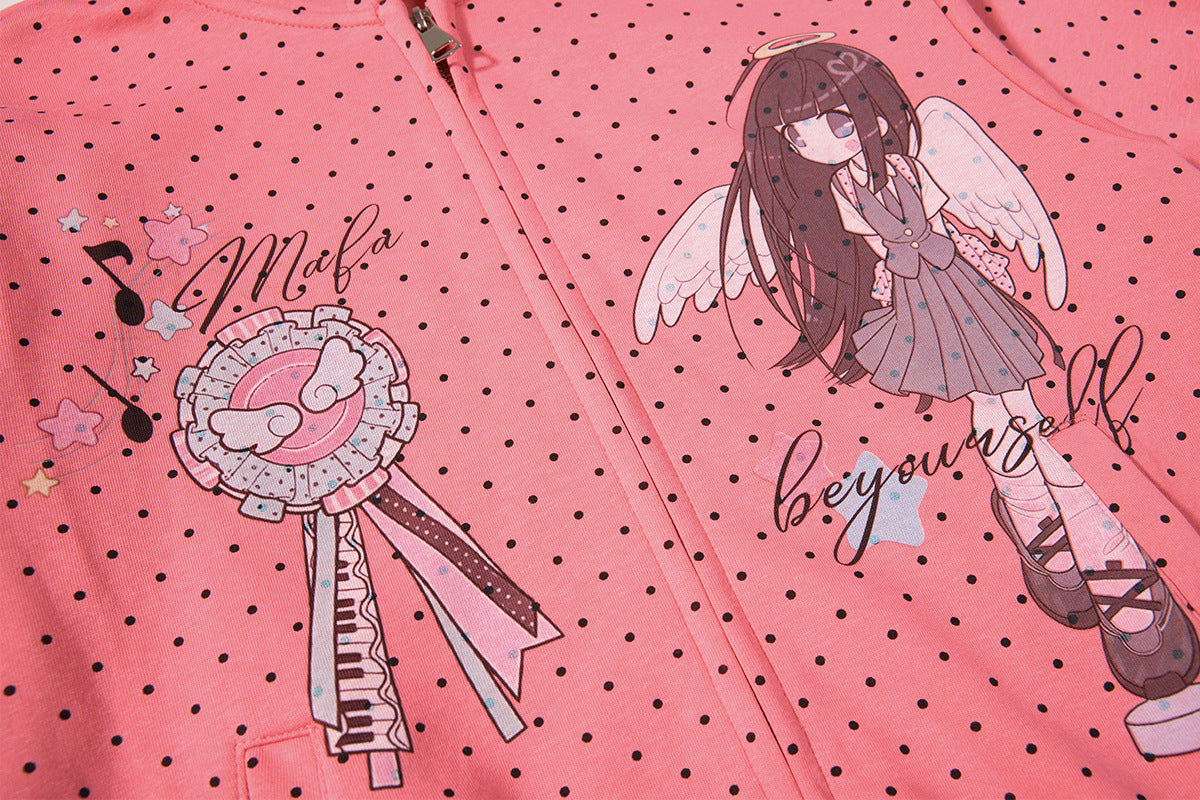 Sweat à capuche zippé anime – Sweat court à pois avec illustration d’ange