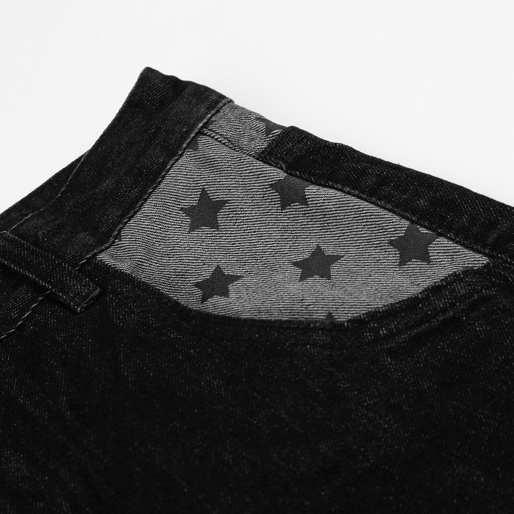 Men's Black Wide-Leg Jeans with Star-Print Contrast Pockets