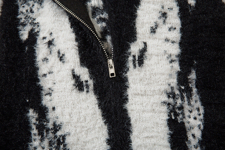 Butterfly Jacquard Zip-Up Knit Cardigan Sweater – Fuzzy Mohair-Style High Street
