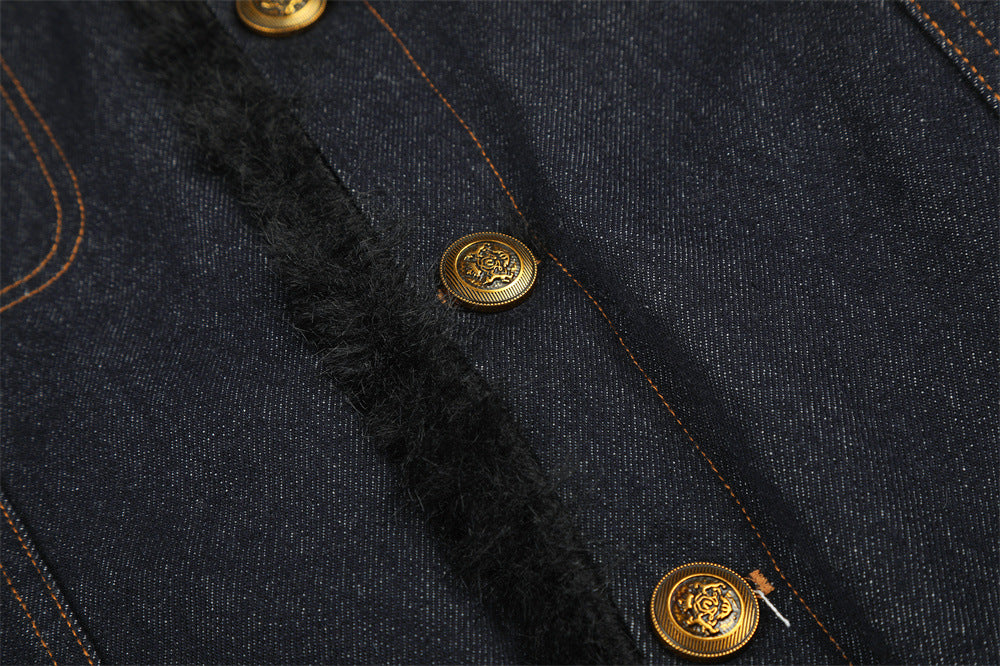 Dark Indigo Denim Jacket Men – Faux Fur Collar Sherpa-Lined Winter Trucker Coat