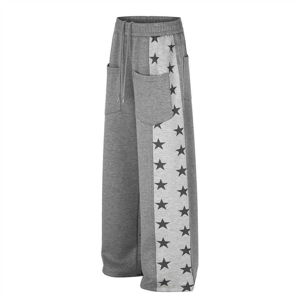 Pantalon de survêtement à jambes larges et imprimé étoiles – Polaire gris chiné à empiècement contrasté