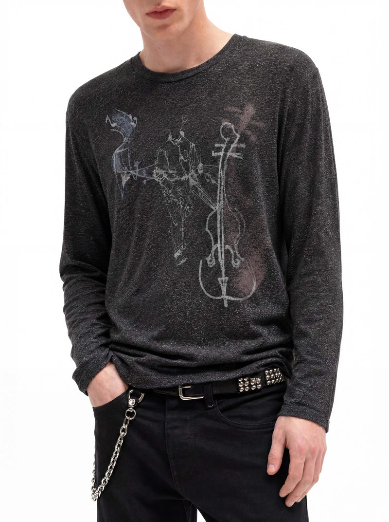 Long Sleeve Graphic Shirt – Cello Musician Sketch Print, Relaxed Fit