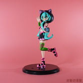 The Hatsune Miku Cat Hoodie 17cm PVC Figure, a cute and stylish Vocaloid collectible, features Miku with turquoise hair and cat ears. She is dressed in a pink and black outfit with green accents as she gracefully balances on one leg against a pink background, striking a playful pose.