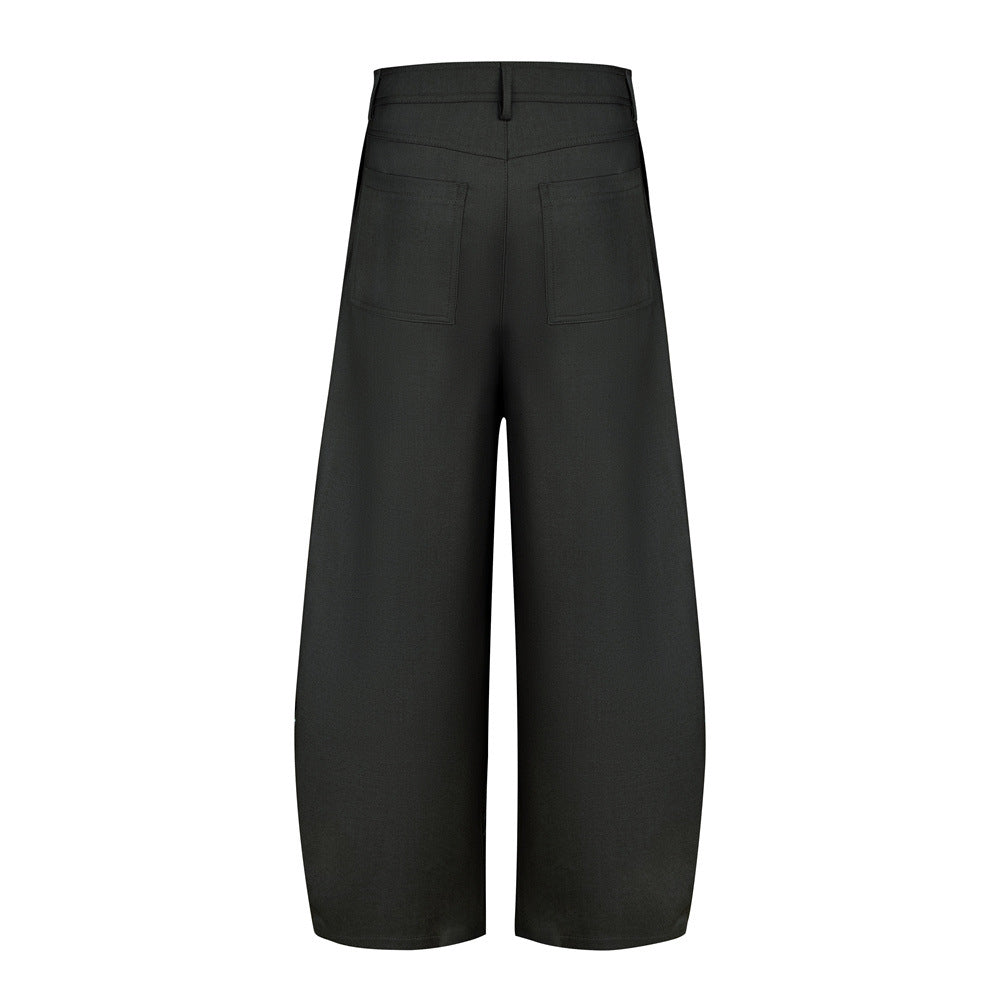 Wide-Leg Pleated Trousers – Diagonal Button Fly, Relaxed Silhouette