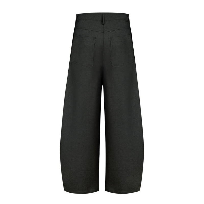 Wide-Leg Pleated Trousers – Diagonal Button Fly, Relaxed Silhouette