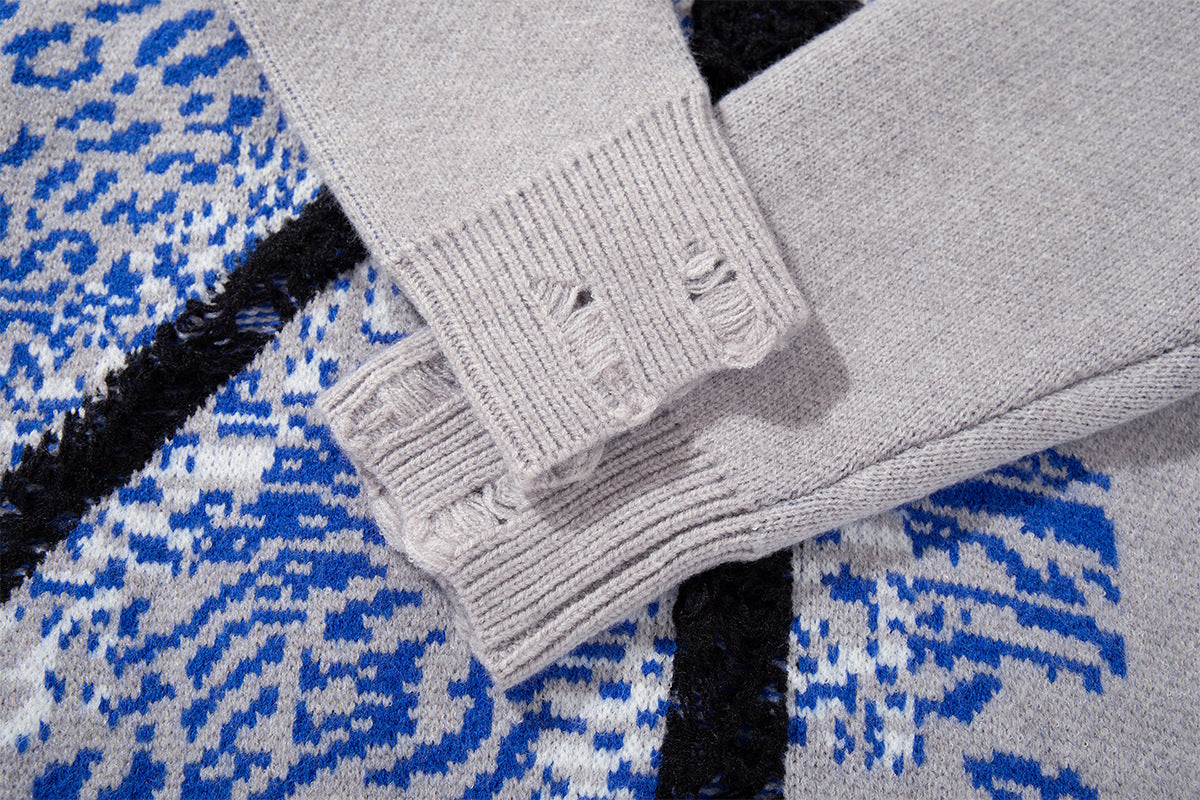 Union Jack Jacquard Knit Sweater – Oversized Crew Neck with Distressed Hem