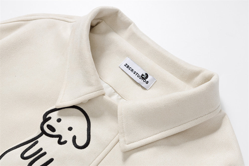 Varsity-Jacke mit Cartoon-Hunde-Stickerei – Oversize-Bomber mit Druckknöpfen