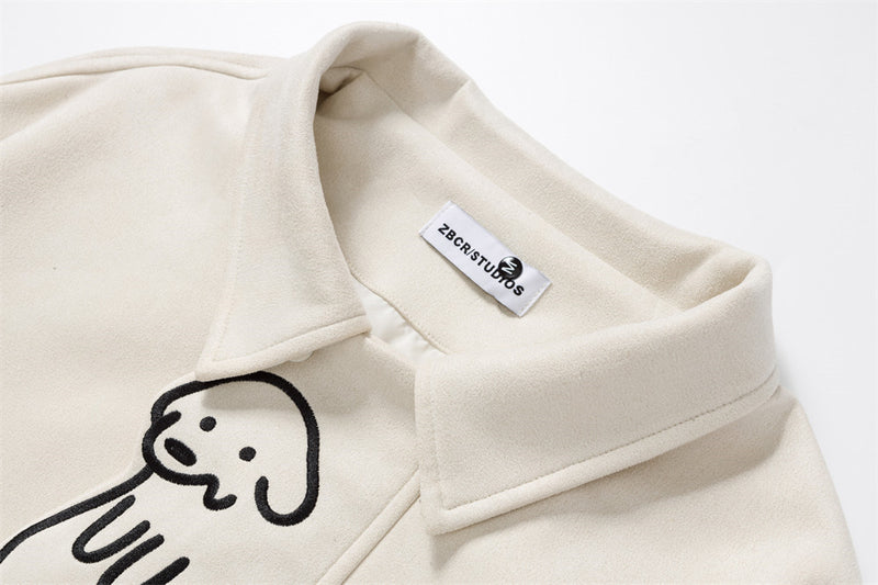 Varsity-Jacke mit Cartoon-Hunde-Stickerei – Oversize-Bomber mit Druckknöpfen