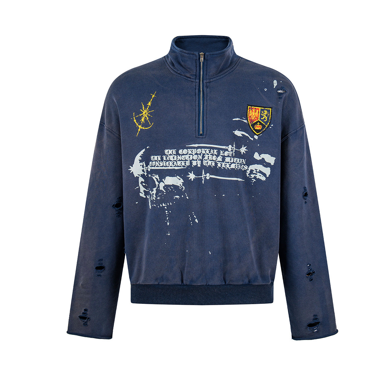 Sudadera azul marino desgastada con media cremallera, parche de escudo heráldico, gráfico de calavera y estampado gótico en la parte delantera, vista frontal y trasera