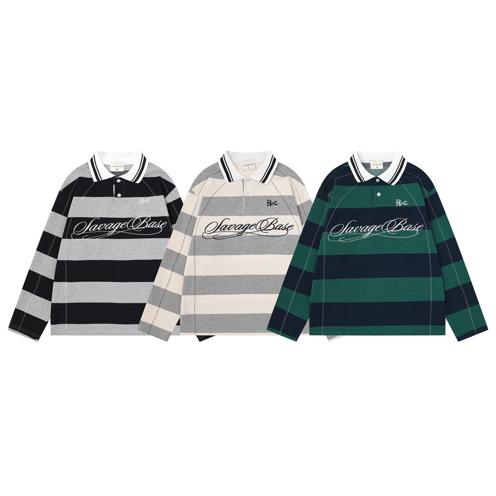 Men's Striped Long Sleeve Rugby Polo Shirt with Embroidered Logo