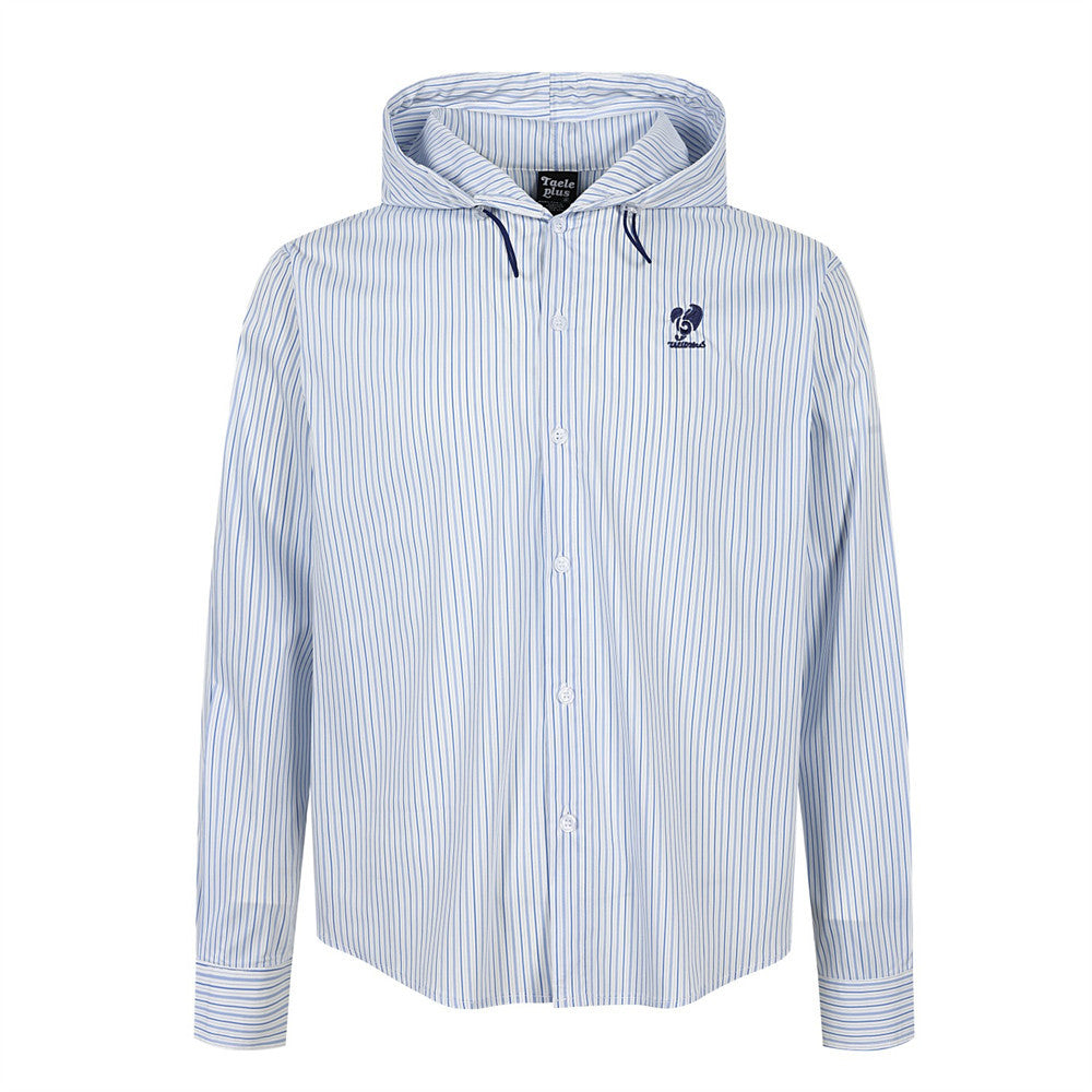 Men's blue and white pinstripe hooded long-sleeve button-up shirt with drawstring hood and embroidered chest logo, relaxed bo