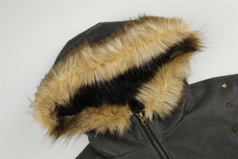 Punk Fur-Collar Studded PU Leather Hooded Bomber Jacket