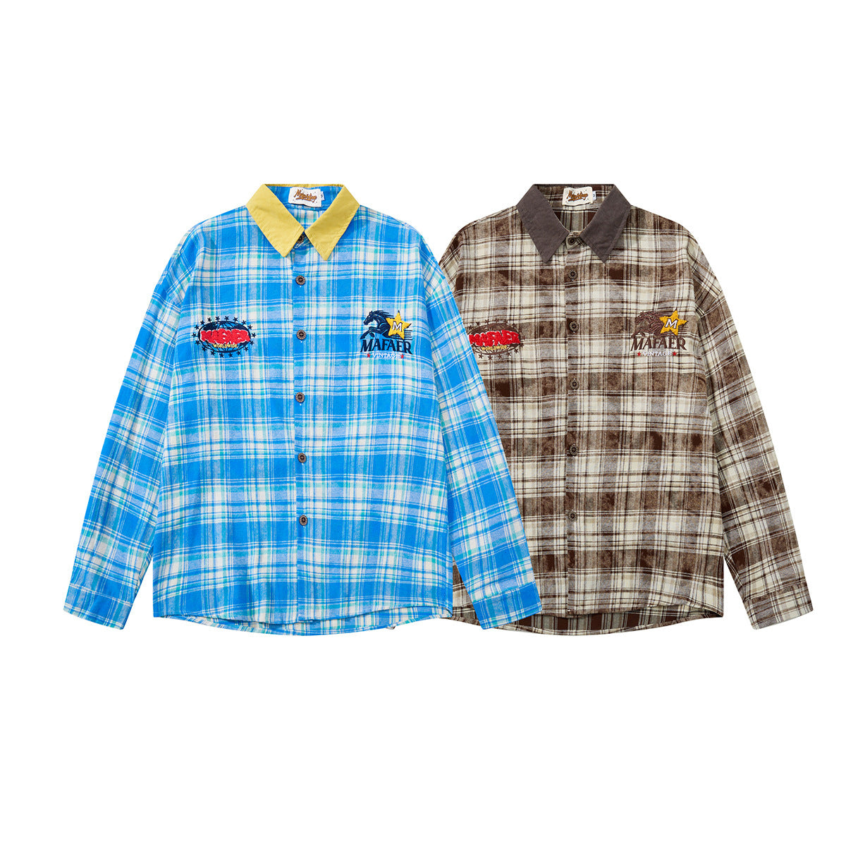 Plaid Flannel Shirt Jacket with Vintage Cartoon Embroidery – Washed Oversized