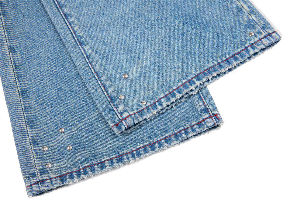 Men's Distressed Wide-Leg Flare Jeans with Stud Details – Washed Blue