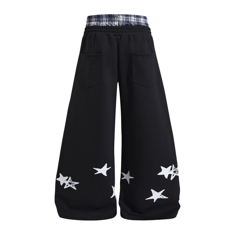 Wide-Leg Sweatpants with Plaid Waistband & Star Print – Trouvaille Graphic