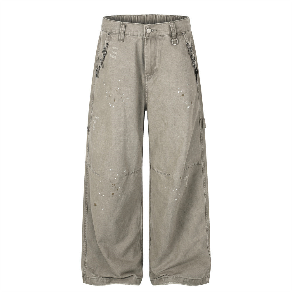 Pantalon cargo wide leg – Kaki délavé, éclaboussures de peinture et chaîne métallique